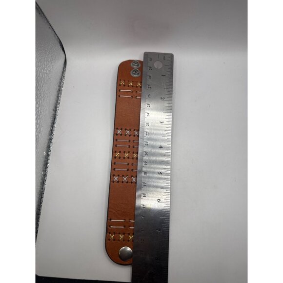 Handcrafted Adjustable Brown Leather Cuff Bracelet Decorative Stitching - Picture 3 of 7